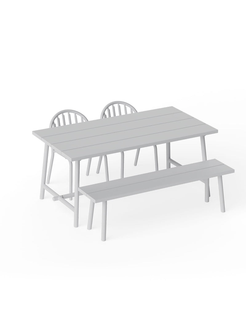 Fred’s medium outdoor dining table with two chairs in light grey aluminum for Canadian patio