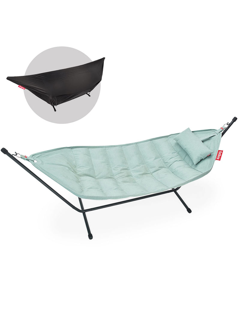 Fatboy Headdemock Superb with cover in seafoam color, luxury UV-resistant hammock with protective cover, perfect for outdoor relaxation.