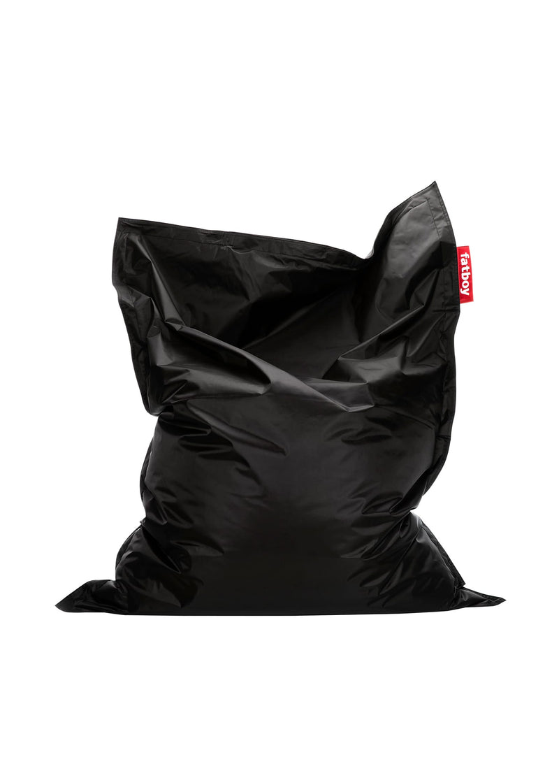 Fatboy Original bean bag in black, oversized and durable with body-conforming comfort, perfect for lounging, gaming, or relaxing. Indoor use only.