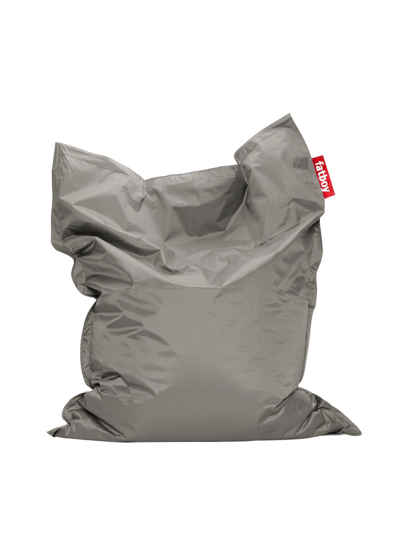 Fatboy Original bean bag in silver, oversized and durable with body-conforming comfort, perfect for lounging, gaming, or relaxing. Indoor use only.