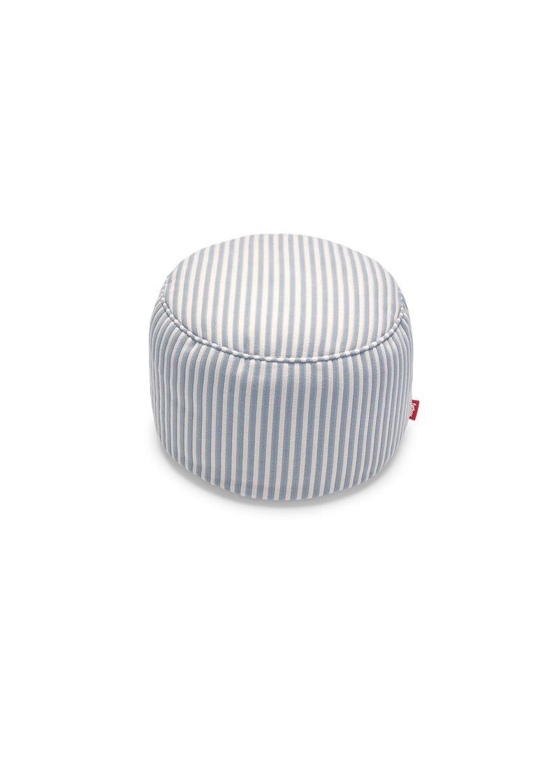 Fatboy Point Terry pouf in Blizzard Blue striped terry fabric versatile indoor seat footrest or side table with washable cover and anti slip base.