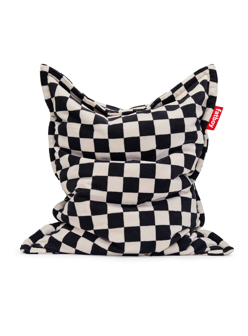 Fatboy Slim Teddy Chess bean bag in Black Ecru, with checkered teddy fabric and Canadian-made cozy comfort.