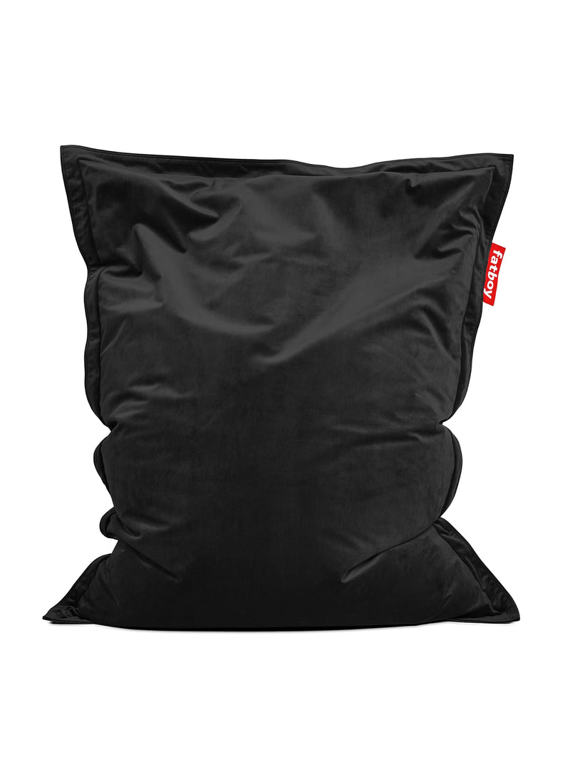 Fatboy Slim Velvet bean bag in black color, luxurious recycled velvet chair for modern Canadian interiors. Eco-friendly and elegant seating option.