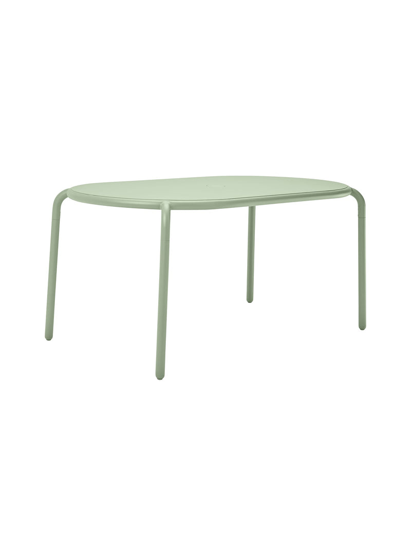 Fatboy Toní Tavolo in mist green color: modern outdoor dining table for 6, crafted from durable aluminum with premium Axalta coating.