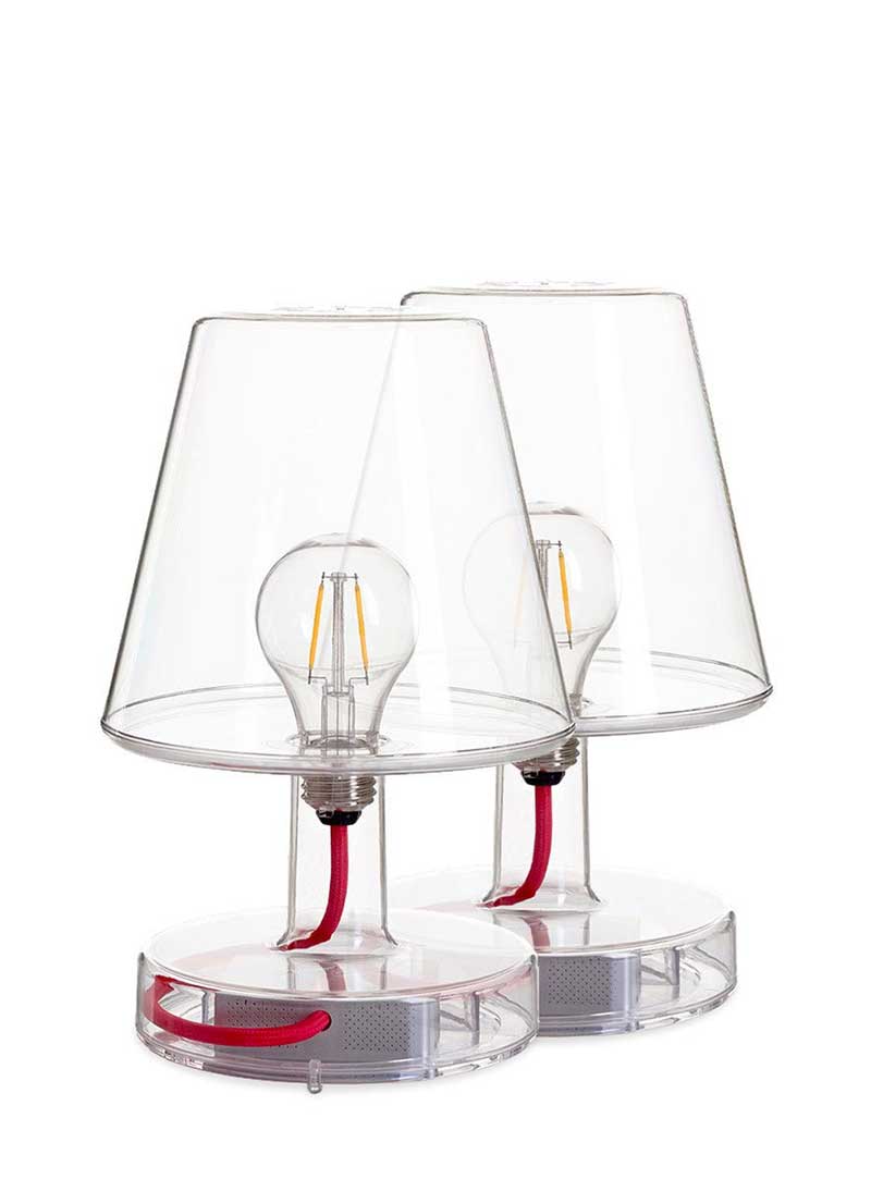 Set of 2 Fatboy Transloetje table lamps in transparent color, featuring wireless, touch-controlled LED lighting with 3 brightness settings for modern Canadian interiors.