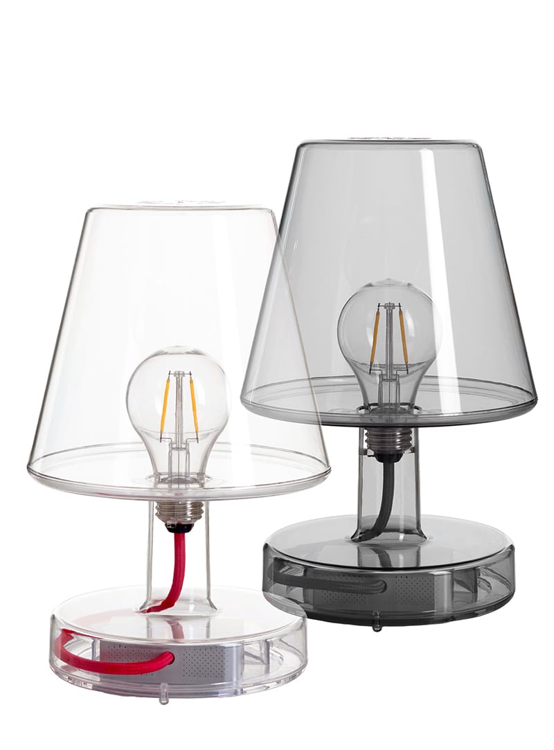 Set of 2 Fatboy Transloetje table lamps in transparent & grey color, featuring wireless, touch-controlled LED lighting with 3 brightness settings for modern Canadian interiors.