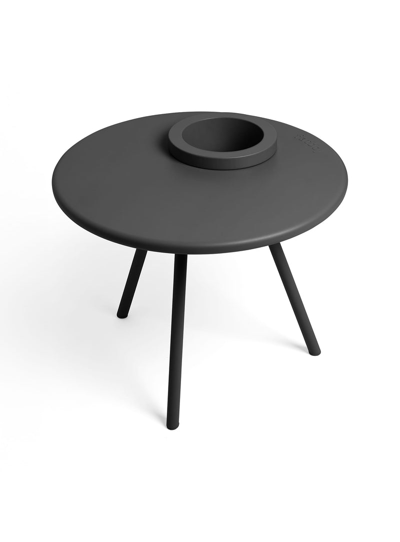 Fatboy Bakkes end table in anthracite with a built-in planter and tripod design, ideal for modern interiors and outdoor spaces.