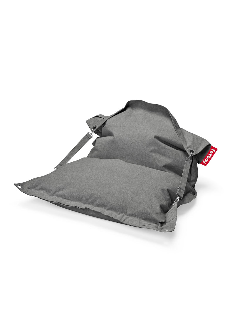 Fatboy Buggle-Up Olefin bean bag chair in mist rock grey, weather-resistant and UV-resistant, perfect for versatile indoor or outdoor use.