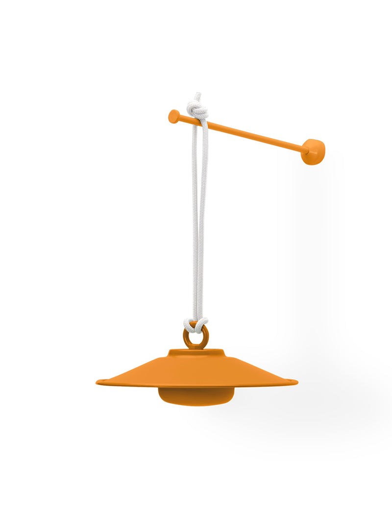 Chap-O cordless pendant lamp in Sunny Orange with stainless steel shade, dimmable LED light for indoor and outdoor use.