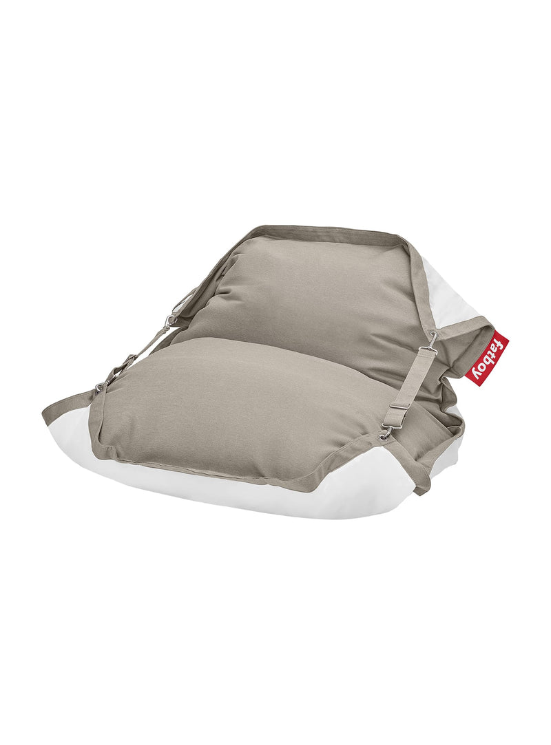 Fatboy Floatzac in grey taupe color, a water-resistant floating lounger with UV protection, perfect for pool floats and lounging.