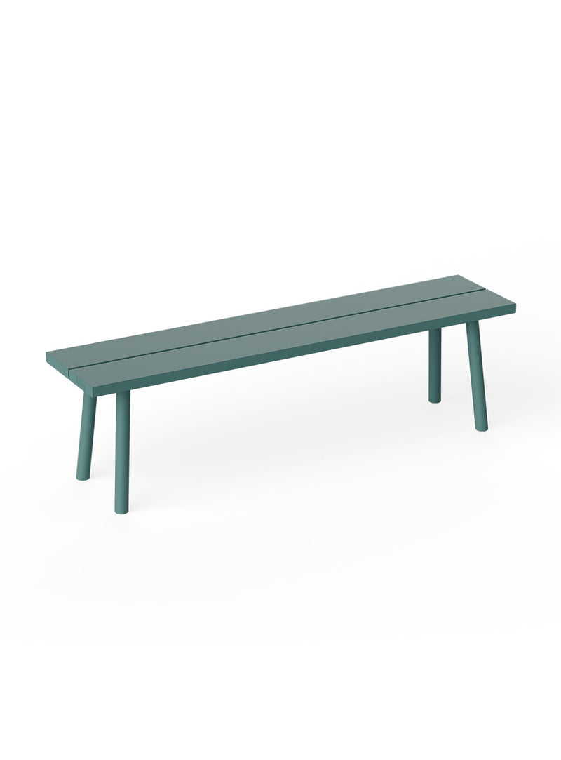 Fred’s Bench in dark sage by Fatboy, a sleek aluminum outdoor bench with clean lines inspired by the picnic classic.