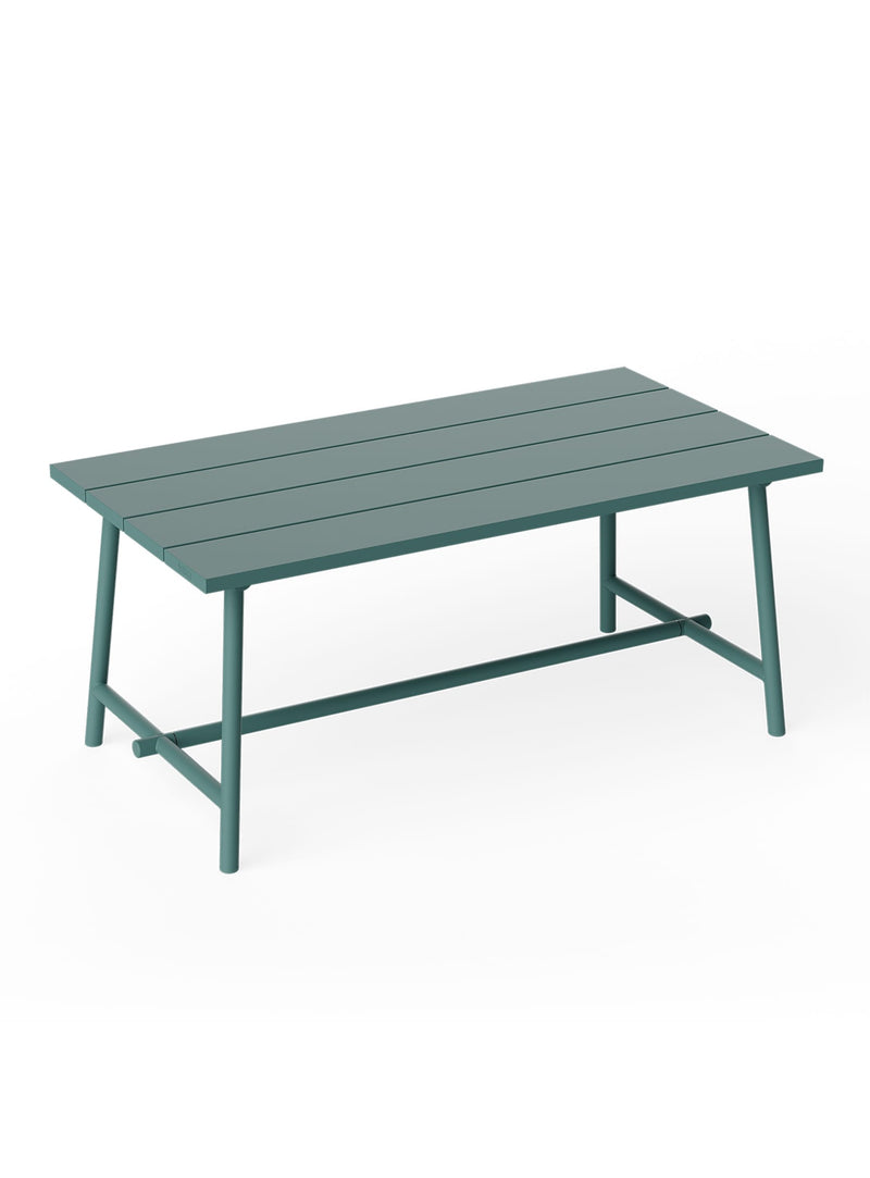Fred’s Medium Table in dark sage by Fatboy, a modern aluminum outdoor dining table with a clean picnic-style design.