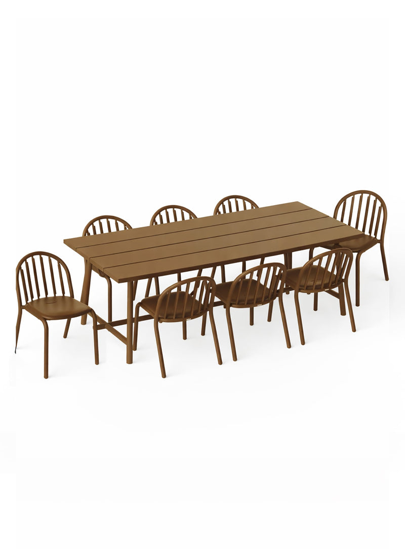 Fred’s Outdoor Dining Set in mochaccino by Fatboy — modern 8-seater aluminum table with eight chairs for patios, decks, and gardens.