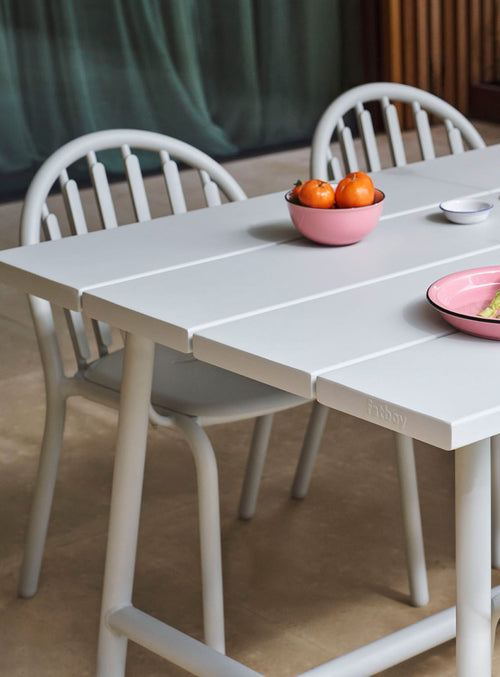 6-seater Fred’s Outdoor Dining Set designed for patios, decks, and gardens, made from weatherproof aluminum.