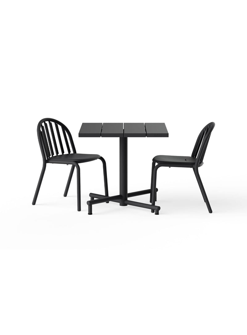 Fred’s Square Bistro Set in Anthracite pairs an 80×80 cm table with two stackable chairs for stylish outdoor dining.