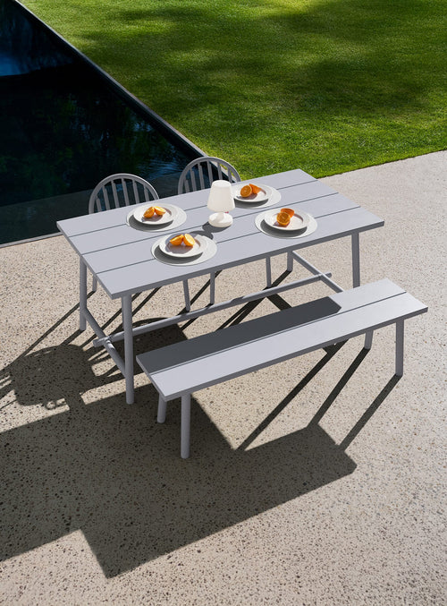A versatile 4–5 seat outdoor set with Fred’s table and chairs or benches. Durable aluminum, smart design, made for every season.