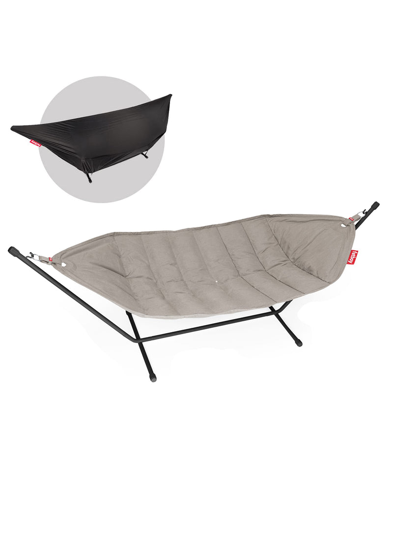 Fatboy Headdemock Superb with cover in grey taupe color, luxury UV-resistant hammock with protective cover, perfect for outdoor relaxation.