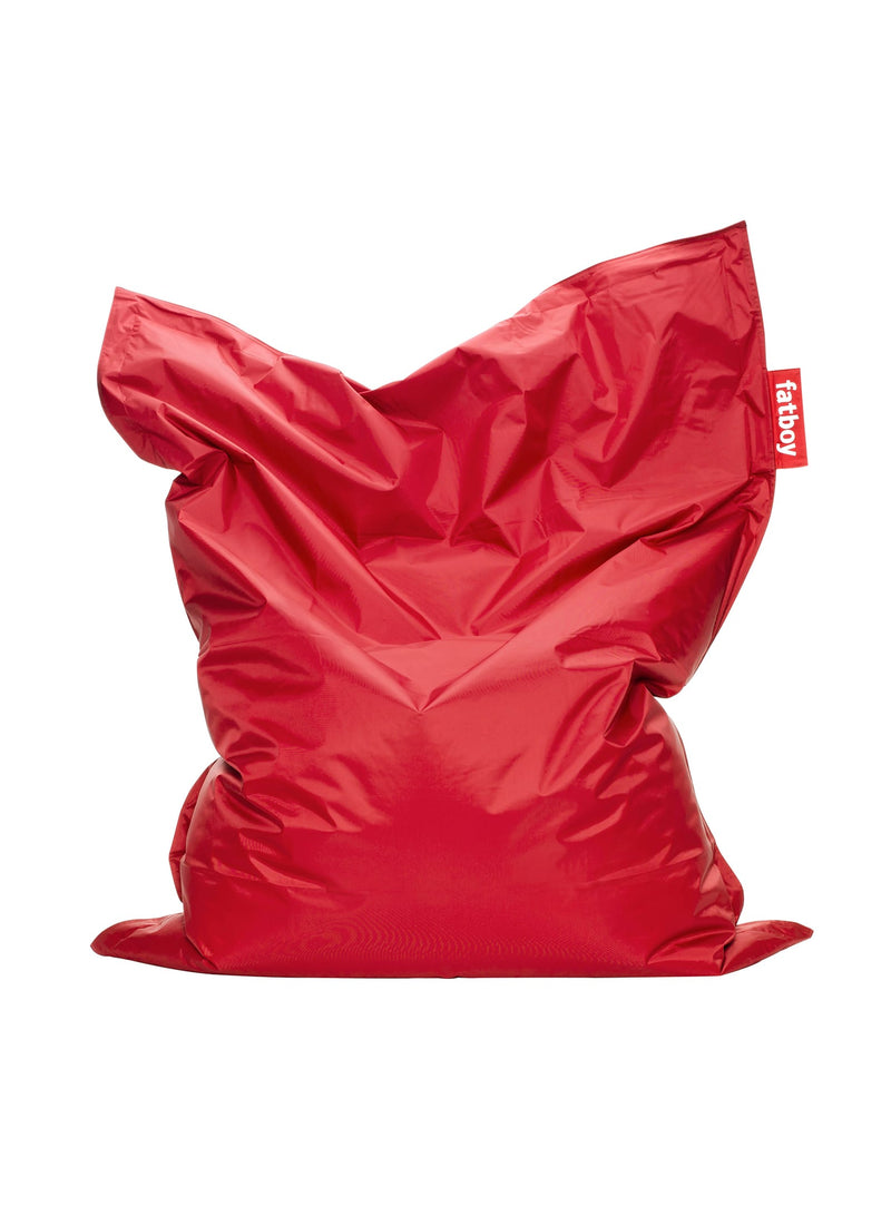 Fatboy Original bean bag in red, oversized and durable with body-conforming comfort, perfect for lounging, gaming, or relaxing. Indoor use only.