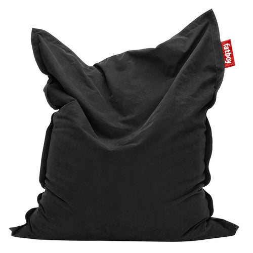 Fatboy Original Stonewashed in Black: ultra-soft 100% cotton bean bag chair, perfect for indoor relaxation with a rustic flair.