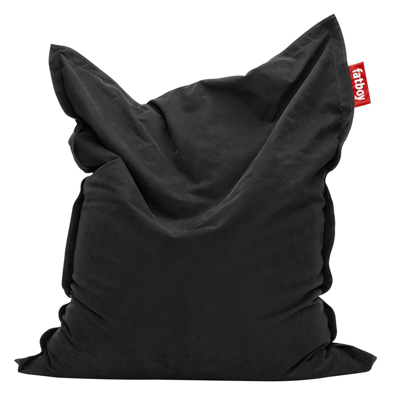 Fatboy Original Stonewashed in Black: ultra-soft 100% cotton bean bag chair, perfect for indoor relaxation with a rustic flair.