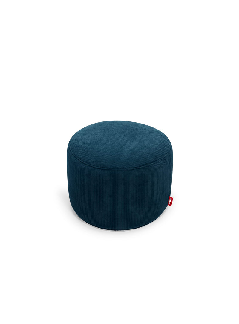 Fatboy Point Cord ottoman in deep blue color, a compact and eco-friendly footstool with a soft ribbed velour cover, perfect for Canadian living spaces.