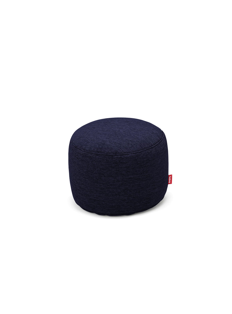 Fatboy Point Olefin outdoor ottoman in dark ocean color, a water-resistant and UV-resistant pouf, perfect for Canadian patios and garden seating.