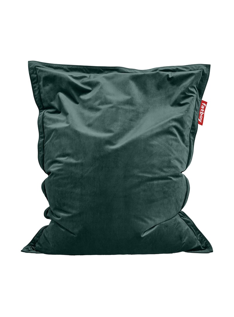 Fatboy Slim Velvet bean bag in petrol color, luxurious recycled velvet chair for modern Canadian interiors. Eco-friendly and elegant seating option.