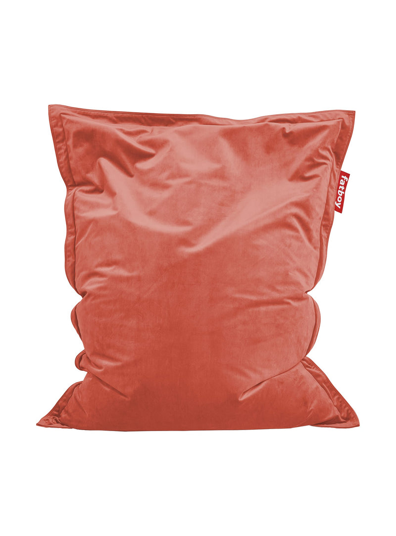 Fatboy Slim Velvet bean bag in rhubarb color, luxurious recycled velvet chair for modern Canadian interiors. Eco-friendly and elegant seating option.