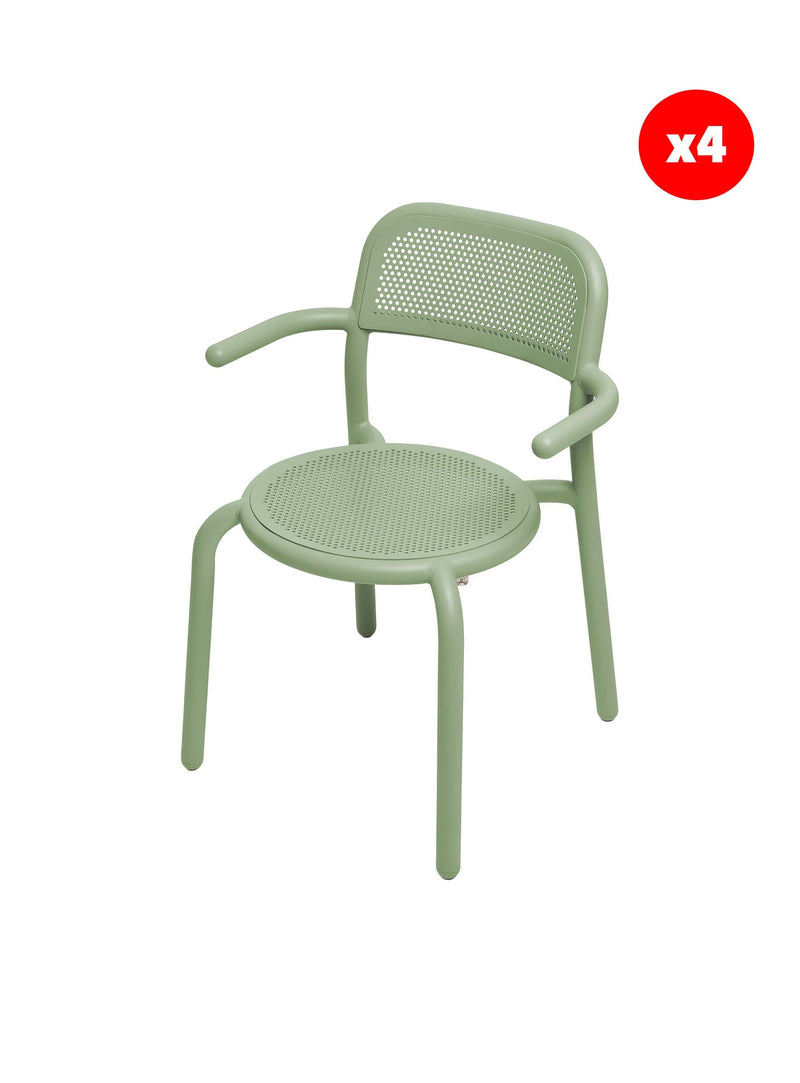 Set of 4 Toní Armchairs by Fatboy in mist green color, lightweight aluminum outdoor chairs, weather-resistant and rust-free for modern Canadian patios.