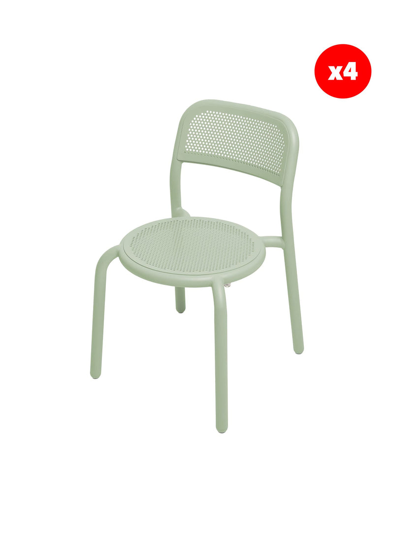 Set of 4 Fatboy Toní Chairs in mist green color, modern stackable aluminum outdoor chairs for patios, terraces, and gardens. Durable and weatherproof."